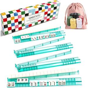 Mahjong Racks with Pushers Set of 4, Non-Slip , 60 Numbered Chips,Green