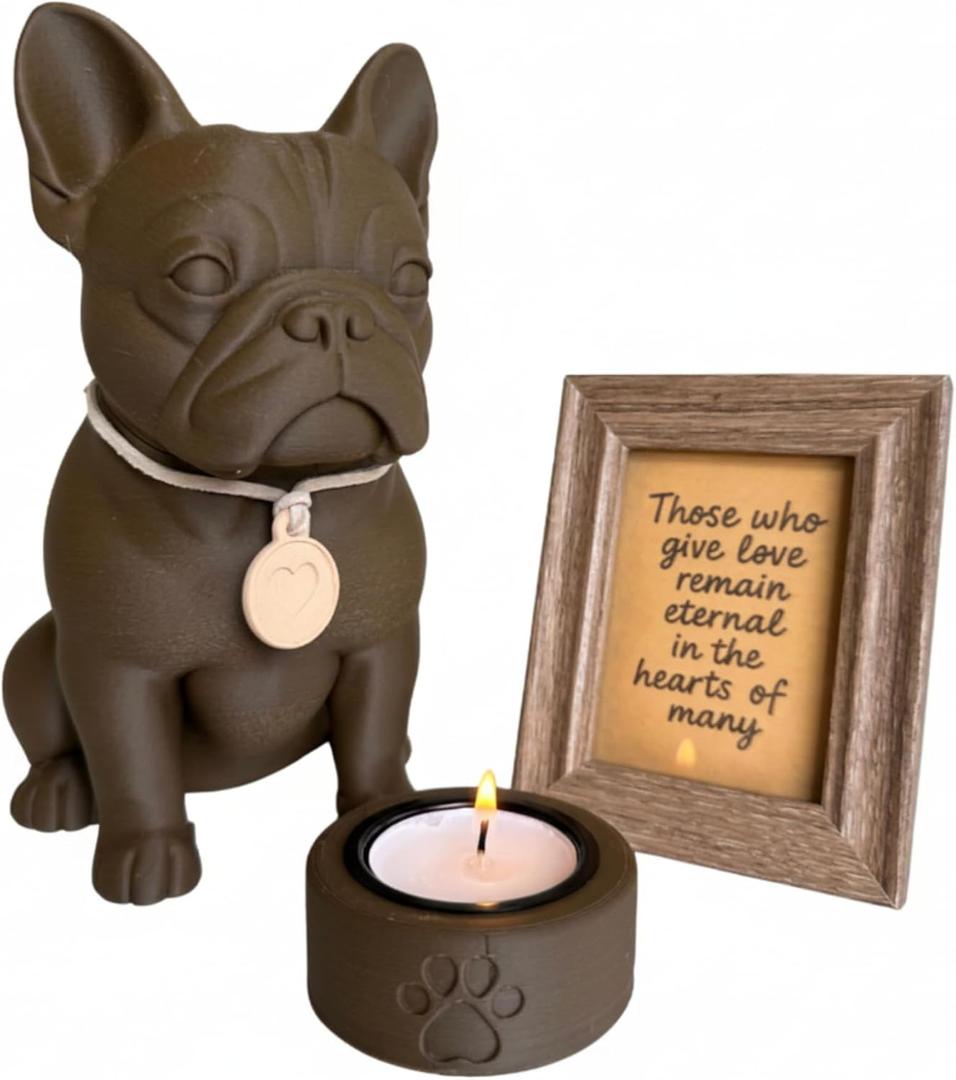 French Bulldog Keepsake Urn Pet Memorial Sculpture with Candle & Ritual Kit Holds Dog Ashes Wood Look Biobased Material Remembrance Gift for Loss of Pet