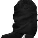 Womens Ankle Fold Over Boots Chunky Mid Heel Booties Retro Pointed Pointed Toe Side Zipper Short Boots Heeled Shoes for Women Fall Winter (7.5, Black-suede)