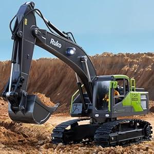 Ruko 1661 Remote Control Excavator Toys for Boys, 2.4Ghz RC Construction Vehicles with Metal Shovel & Simulated Lights Gift for Kids