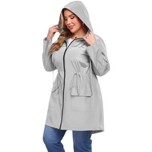 ZOMVA 2025 Plus Size 2XL Rain Jacket Coat Long Lightweight Raincoat with Hood Windbreaker Waterproof Jackets with Pockets, Gray