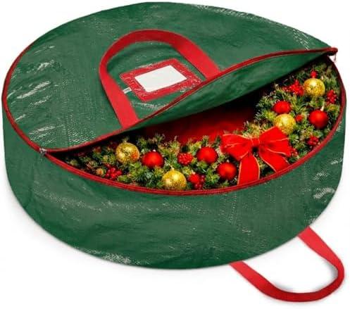 ZOBER Christmas Wreath Storage Container 36 Inch - Wreath Bag for Artificial Wreaths Box - Dual Zippered Wreaths Storage Bag with Strong Durable Handles - Green, Pack Of 2