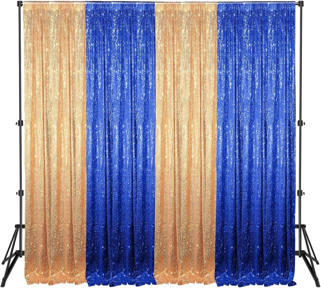 4 Panels 2 x 8 ft Blue and Gold Sequin Backdrop Curtain Glitter Backdrop Curtain for Congrats Grad Graduation Party Decorations Birthday Wedding Background Anniversary Photography