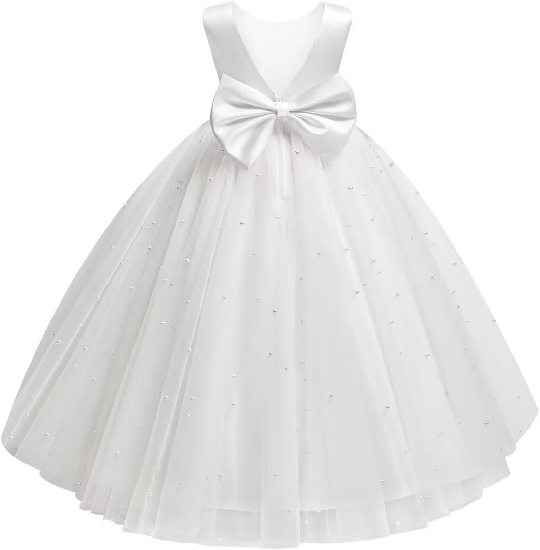 Flower Girl Dress for Wedding Pearls Tulle Dresses Kids Princess First Communion Pageant Party Satin Bowknot Gowns (6, White)