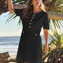 MEROKEETY Women's Summer Bodycon Sweater Dress Business Casual Outfis Short Sleeve Knit Button Formal Elegant Work Dress (Black), Large