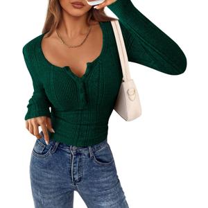PRETTYGARDEN Women's Long Sleeve Tops 2026 Spring Fashion Clothes Henley Shirts Slim Fitted Ribbed Tees Blouses Fall Outfits (Dark Green,Large)