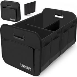 Homeve Car Trunk Organizer, Car Storage, Reinforced Handles, Collapsible Multi-Compartment Car Organizers, Foldable and Waterproof, 600D Oxford Polyester, Suitable for Any Car, SUV, Mini-Van, Black (2 Compart)