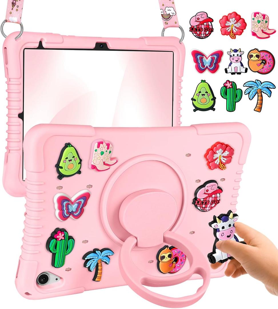 Cute for iPad 10th Generation Case/for iPad (A16) 11th Generation 11 Inch 2025 - with Shoulder Strap & 360 Degree Rotating Stand for Girls Kawaii Funny DIY Accessories Fun Soft Silicone