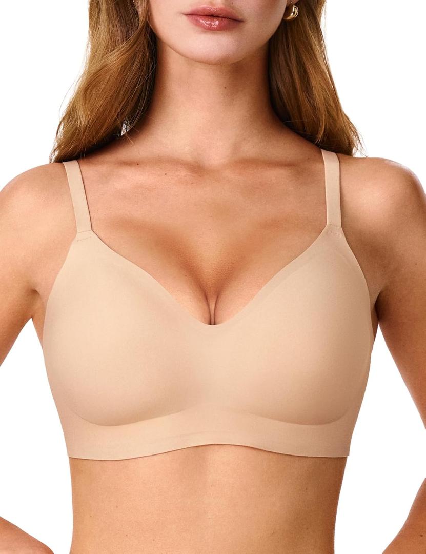 Bras for Women, No Underwire Full Coverage V Plunge Bra Wireless Seamless Comfort Bralette T-Shirts Everyday Bras (Medium, Nude)