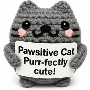 2 x Positive Cat Crochet Amigurumi Yarn Kitty with Card - Handmade Inspirational Gift for Cat Lovers, Friends, Coworkers, Desk Decor