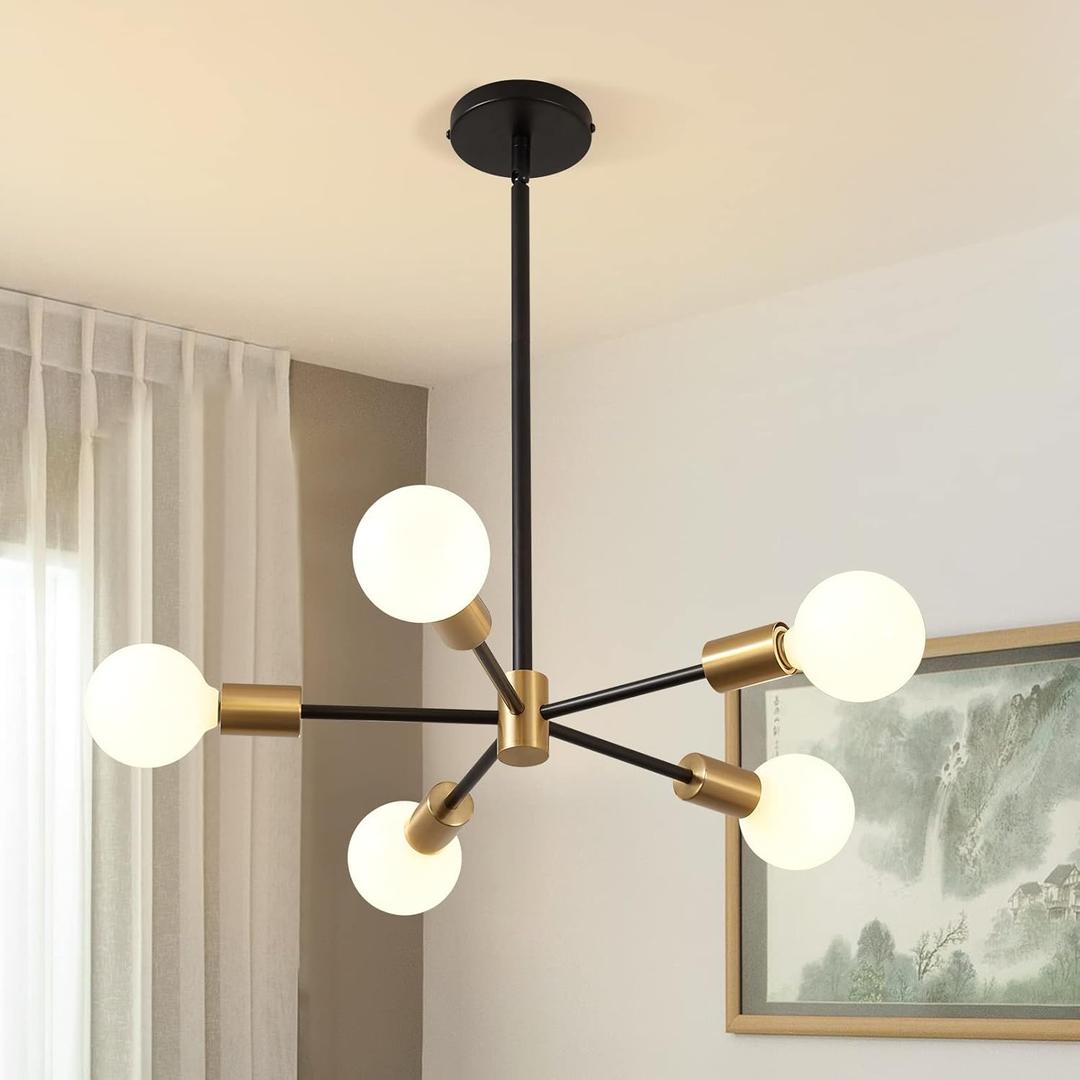 KAISITE Sputnik Chandelier Light Fixture - Modern 5-Light Sputnik Ceiling Light Height Adjustable Gold and Black Hanging Pendant Lighting for Living Room Kitchen Bedroom Hallway Farmhouse