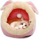 Cat Beds for Indoor Cats - Rabbit-Shaped Cat Cave Bed with Hanging Toy,Super Soft Calming Pet Bed for Kitten&Puppy,Small Dog,Warm Plush&Machine Washable&Removable Cotton Pad,Cat Hideaway
