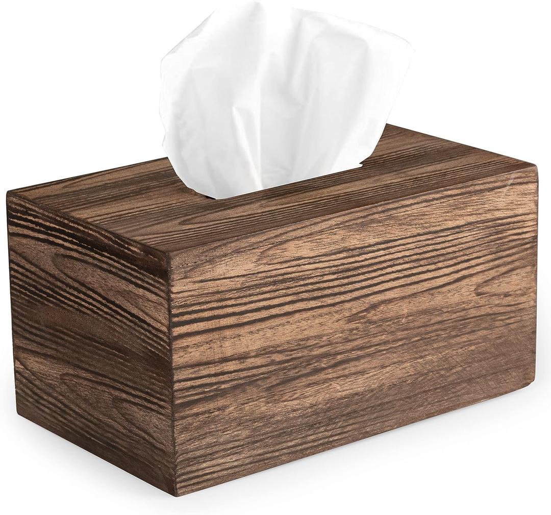Crutello Rustic Farmhouse Tissue Box Cover - Wooden Brown Rectangular Tissue Holder Easy to Refill - 5" x 9"