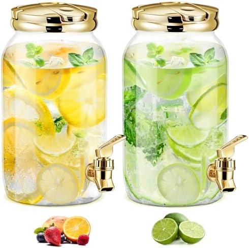Havawish 2 Pcs 1 Gallon Plastic Beverage Dispenser with Spigot Clear Summer Kitchen Fridge Drink Dispenser for Parties Lemonade Juice Tea Beer Cold Water(Gold,Cylinder)