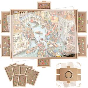 BuilderButler 1500 Pieces Rotating Puzzle Board with 6 Drawers,34.25"x25.2" Portable Wooden Jigsaw Puzzle Table with Lazy Susan Spinning Cover, Medium-1500pcs