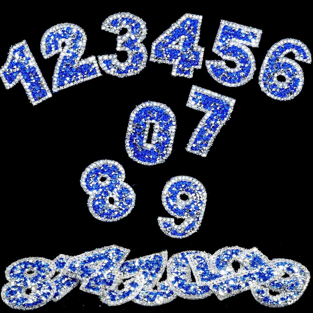 Locacrystal 60pcs Bling Rhinestone Numbers Sticker 6sets 0-9Digits Self-Adhesive Iron on Crystal Numbers Stickers for DIY Crafts Laptop Gifts Furniture Car Clothing Decorations(Blue+White,1.73")