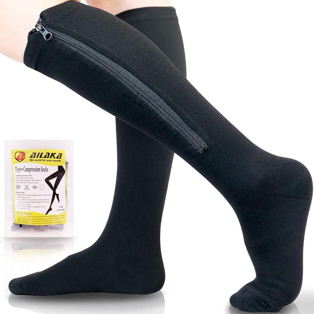 Ailaka Medical 15-20 mmHg Zipper Compression Socks Women Men (2X-Large (1 Pair), Black)