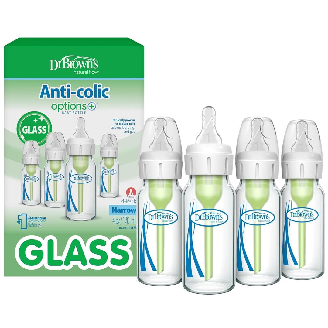 Dr. Brown's Anti-Colic Options+ Narrow Glass Baby Bottle with Level 1 Slow Flow Nipple, BPA-Free, 4 oz/120mL, 4-Pack
