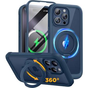 Miracase for iPhone 15 Pro Max Case with 360 Magnetic Ring Stand [Compatible with Magsafe] Full-Body Drop Proof Bumper Phone Case with Built-in 9H Tempered Glass Screen Protector,Blue