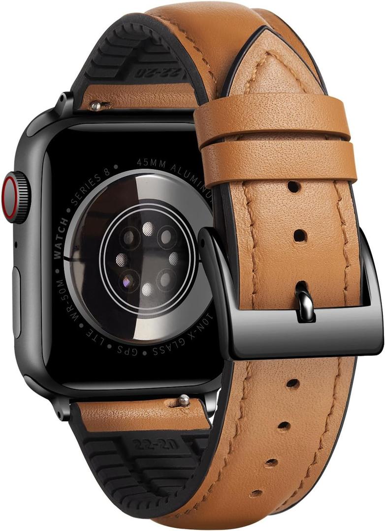 BINLUN Compatible with Apple Watch Bands Leather Silicone-Lined Elegant Sweatproof 38mm 40mm 41mm /42mm 44mm 45mm 46mm 49mm Replacement Strap for iWatch Ultra/SE 10/9/8/7/6/5/4/3/2/1 Men Women (B-Light Brown)