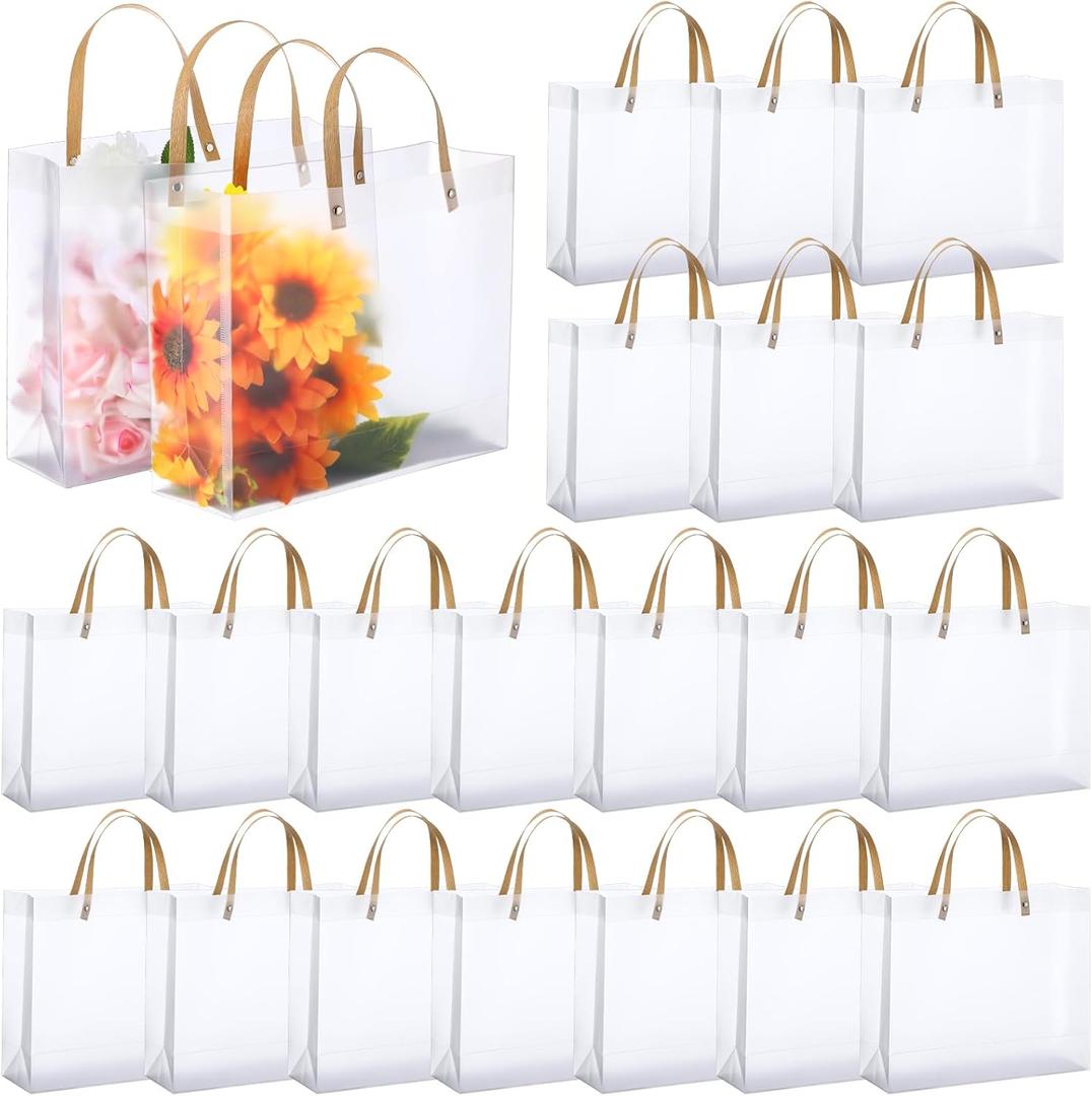 Paterr 20 Pcs Large Clear Gift Bags with Handles 11.8 x 9.8 x 4 Inch Transparent Plastic Party Favor Bags Reusable Frosted Tote Gift Wrap Bulk for Shopping Boutique Wedding Birthday Christmas