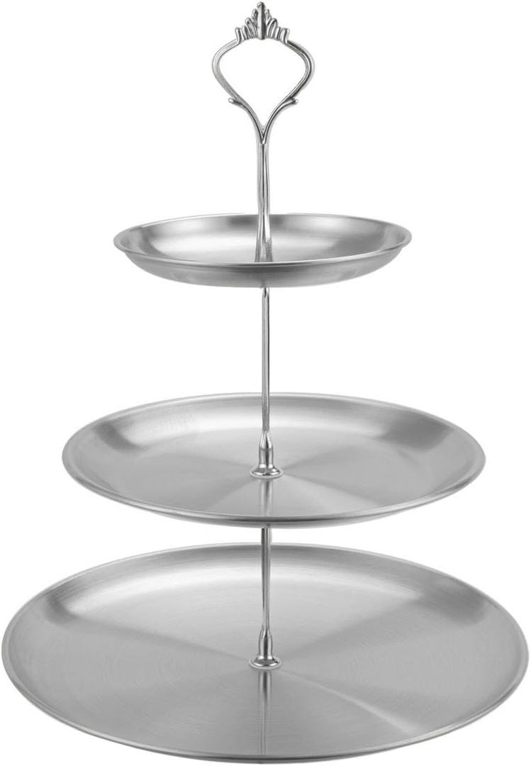 DTSFHTDAL Stainless Steel 3 Tier Cupcake Stand, Tiered Trays Three Layer Cake Stand 3 Tier Serving Tray Platters for Pastry Dessert Candy Fruit Tea Party Wedding Platter (Silver)