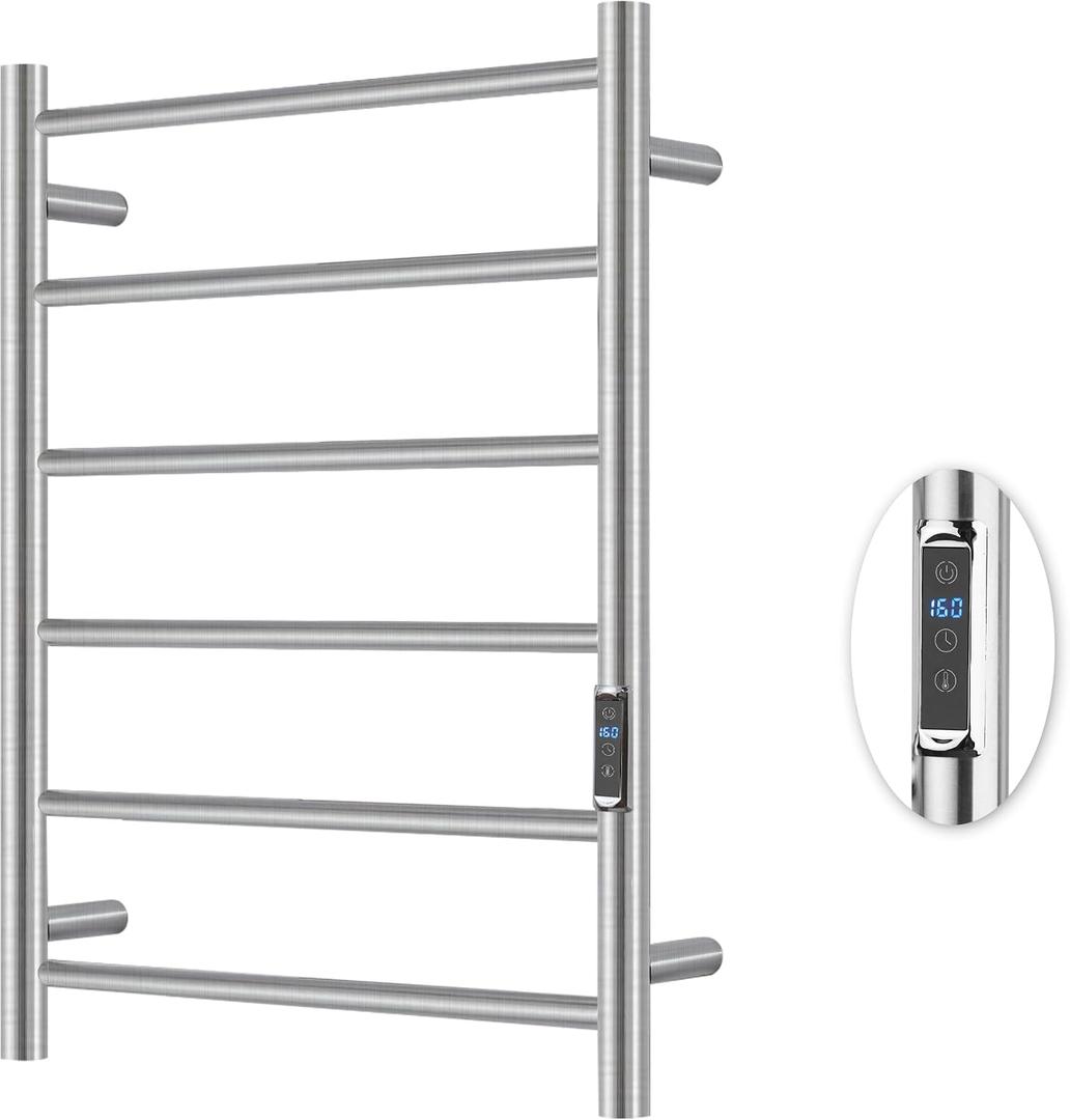Heated Towel Racks for Bathroom, Wall Mounted Electric Towel Warmer Racks with Timer & Temperature Control, 6 Bar Stainless Steel Towel Heater for Bathroom, Brushed Silver, Plug-in