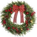 Christmas Wreath 20 Inch, Artificial Large Wreath with Pine Cone Red Berry Bow Ornaments for Front Door Decor Christmas Door Wreath Festival Home Indoor Outdoor Outside Decorations, Bow