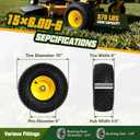 15x6.00-6 Tubeless Lawn Mower Tire and Wheel with 3/4" bearing bore, with 5/8 Bearings & Spacers, for John Deere Mower, Craftsman, Husqvarna Lawn Tractor, 570 lbs Capacity, 4 Ply, 1 Pack