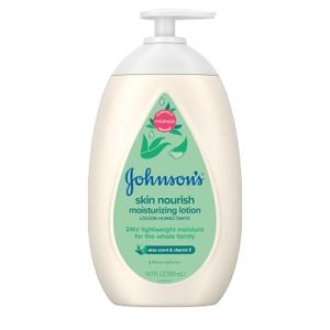 Johnson's Skin Nourish Moisturizing Baby Lotion with Aloe Vera Scent & Vitamin E, Gentle & Lightweight Body Lotion for the Whole Family, Hypoallergenic, Dye-Free, 16.9 fl. oz