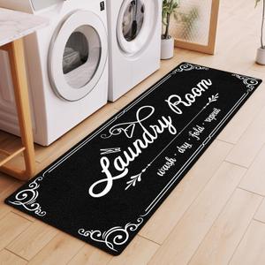 Laundry Room Rug Runner, 17"x60" Non Slip Black Nappa Leather Laundry Rugs, Farmhouse Washable Floor Laundry Mats for Laundry Room, Kitchen, Washroom, Bathroom, Mudroom, Hallway Entryway Decor