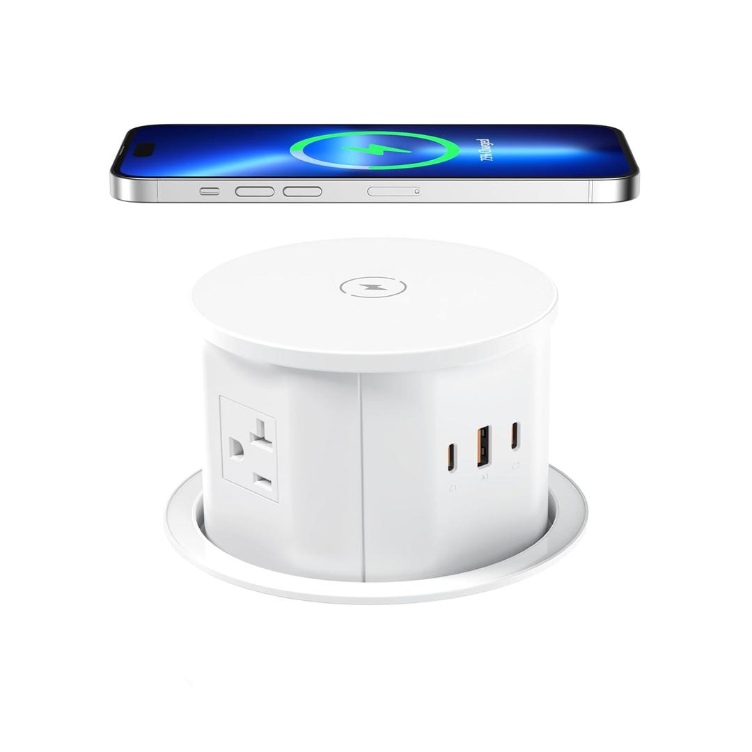 ANNQUAN 20 Amp Pop Up Countertop Outlet with 15W Wireless Charger,Max 65W Power Delivery,4.75" Pop Up Electrical Outlet with 3 Outlets 3 USB Ports for Home Office (White)