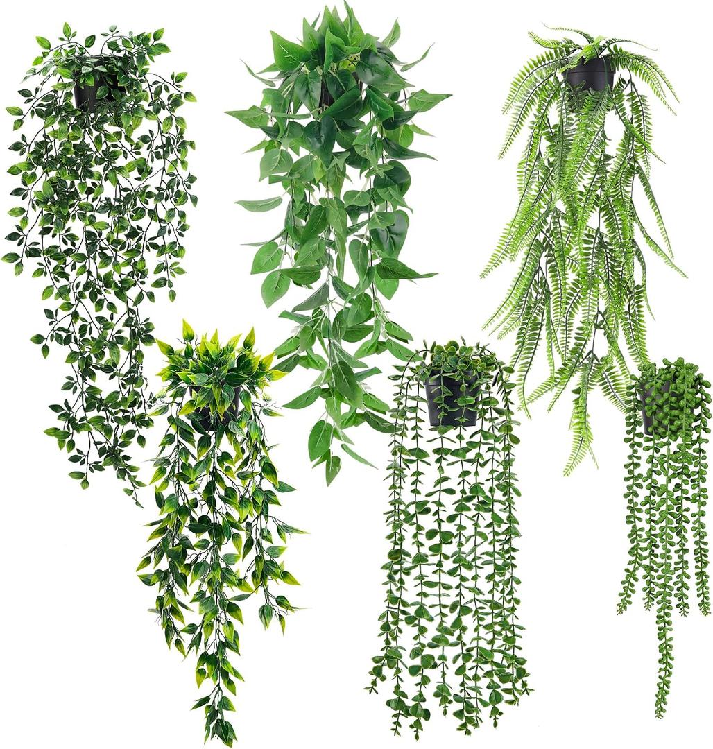 Der Rose 6Pcs Fake Hanging Plants Artificial Vines Faux Hanging Plants Indoor for Bathroom Kitchen Wall Bookshelf Outdoor Decor