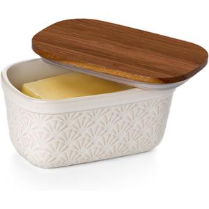 Nucookery Ceramic Butter Dish, Embossed Butter Keeper with Wood Lid for Countertop, Butter Holder and Container with Double Silicone Seal (Fan Pattern)