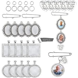 49PCS Wedding Bouquet DIY Photo Charm Oval Round Square Silver Pin Brooch Making Kit with Clear Glass Cabochons Heart Pendant Jump Rings for Craft Jewelry Making