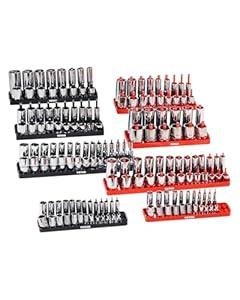 VEVOR Socket Organizer Set, 8PCS High-Rod Socket Holder, 1/ 4'', 3/ 8'' & 1/ 2'' Metric SAE Socket Trays with Clear Labels, Hold up to 176PCS Standard & Deep Sockets, Black & Red (Socket Not Included)
