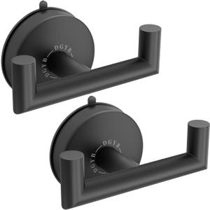DGYB Double Black Towel Hooks Set of 2 Heavy Duty Suction Cup Hooks for Bathrooms and Showers - Stainless Steel - 15 Lb Capacity