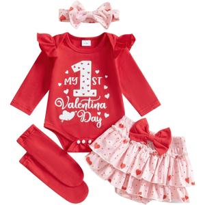 BeQeuewll Newborn Baby Girl Easter Outfit Bunny Clothes Romper+Bloomers Tutu Skirt+Socks+Headband Set First Easter Outfit (3-6 Months, 1st V-day Red)