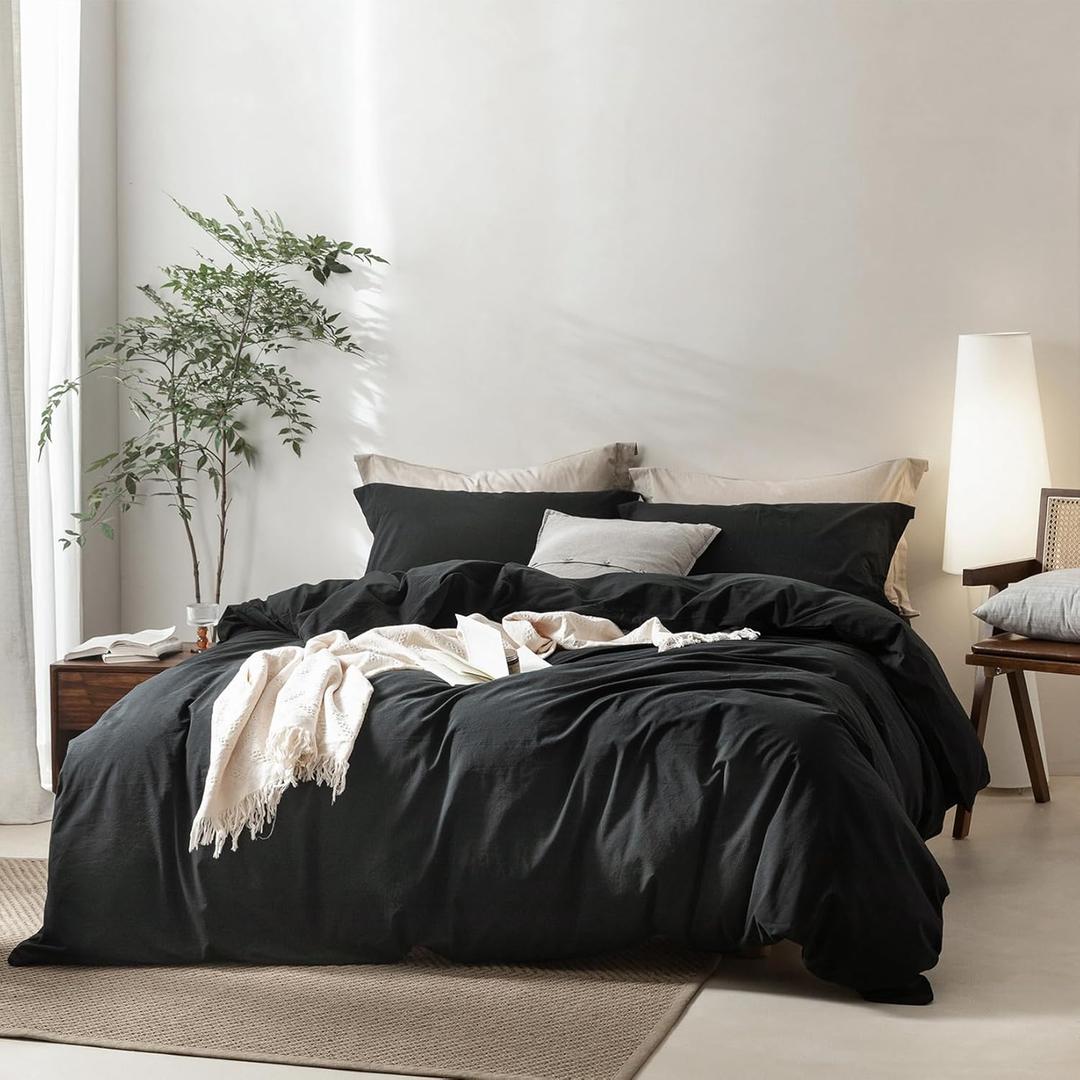 Linen Feel Black Duvet Cover King Size 104'' W x 90'' L, Percale 100% Washed Cotton Duvet Cover with Zipper Closure Plus 2 Pillowcases, Oeko TEX Standard 100 Certificated, Linen Feel and Cozy (Black(no Comforter))