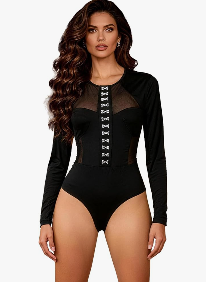 Womens Long Sleeve Bodysuit Mesh Sheer Body Suits Tops One Piece Leotard Shirt Trendy Going Out Tops, Size M