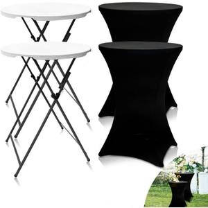 THESEATOP 2 Set Cocktail Tables+Covers 32x43in Folding High Top, Spandex Stretch Table Covers, Removable Legs, Bar Height Folding Table for Outdoor Indoor Use(Black/2 Tables+2 Covers)