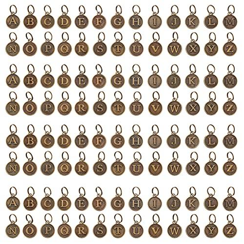 PH PandaHall 104pcs/4 Sets A~Z Alphabet Pendants, Metal Letter Charms 12mm Flat Round Letter Pendants Vintage Initial Pendant with Split Rings for Bracelet Keychain Jewlery Making, Antique Bronze