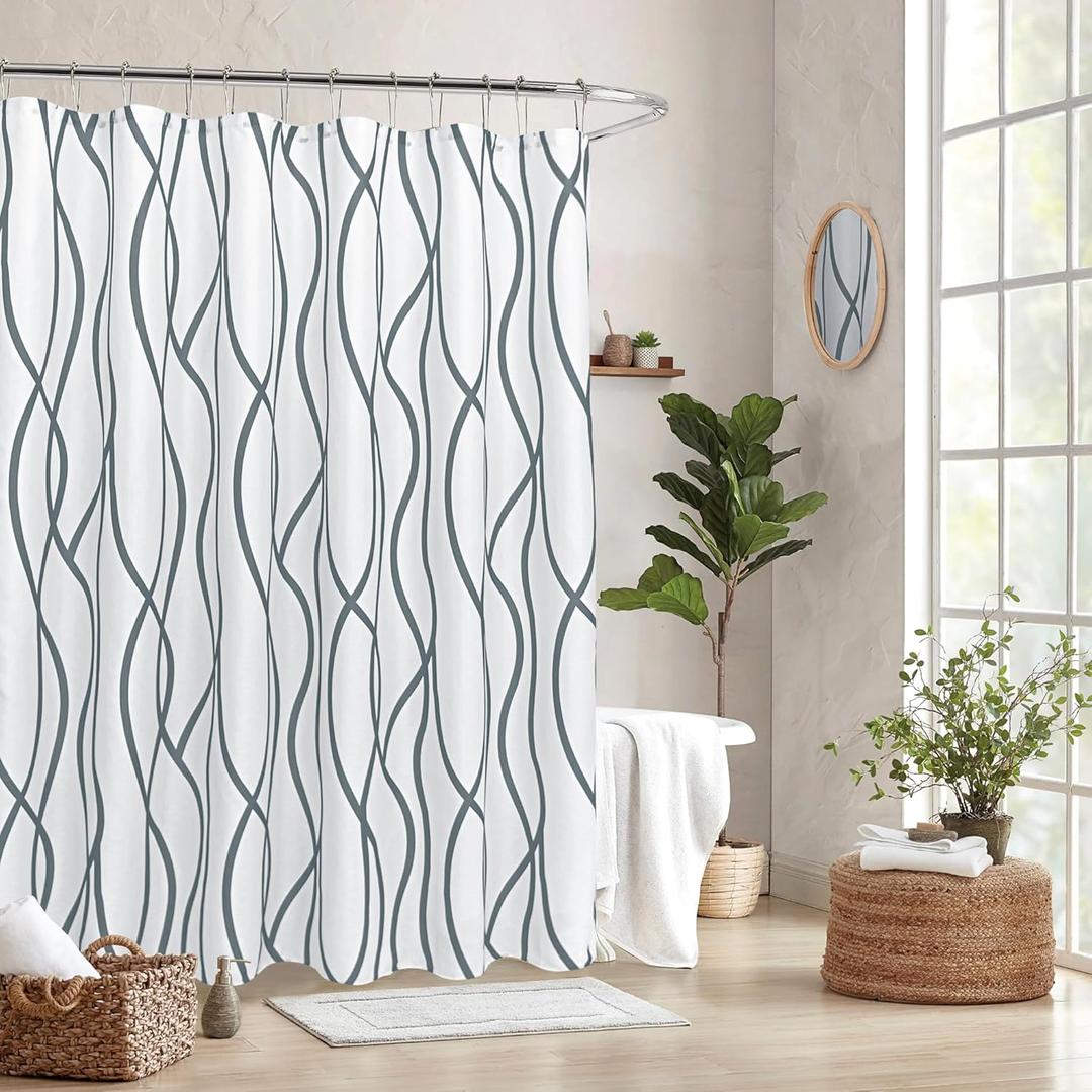 Biscaynebay Extra Long Textured Fabric Shower Curtain 72 W x 84 L, Dark Grey Printed Striped Linen Modern Hotel Luxury Quality Cloth Bathroom Curtains Machine Washable