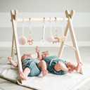 Wooden Baby Gym with 6 Gym Toys, Foldable Baby Play Gym, Natural Pine Wood Play Gym, Frame Activity Center Hanging Bar, Wooden Play Gym