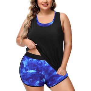 NIeyook Plus Size Swimsuit for Women 2024 Tummy Control Bathing Suit 3 Piece Athletic Tankini Swimsuits with Boyshorts Blue Tie Dye 18 Plus/ 3XL