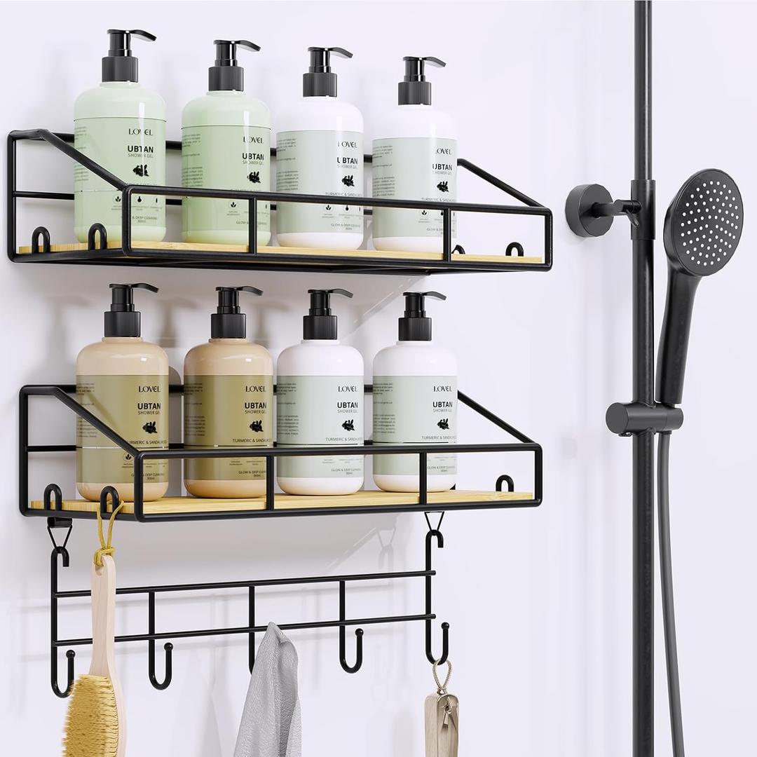 Shower Caddy 2 Pack, Large Bathroom Shower Caddy with Hooks, Innovative Metal with Bamboo Shower Caddy Organizer Shelves Rack, Sturdy Wall-Mounted & Adhesive Shower Caddy for Bathroom/Kitchen