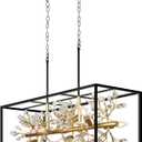 Large Black and Gold Rectangle Chandelier, 8-Light Modern Farmhouse Dining Room Light Fixtures Over Table, Crystal Chandeliers for Kitchen Island Pool Table Room