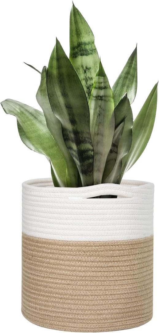 11" Wicker Plant Basket, Jute Spliced Cotton Rope Woven Basket Planter for 10 inch Pot, Indoor Decorative Flower Pot Cover, Boho Bin for Artificial Trees, Small Round Bin for Decor (White and Jute)