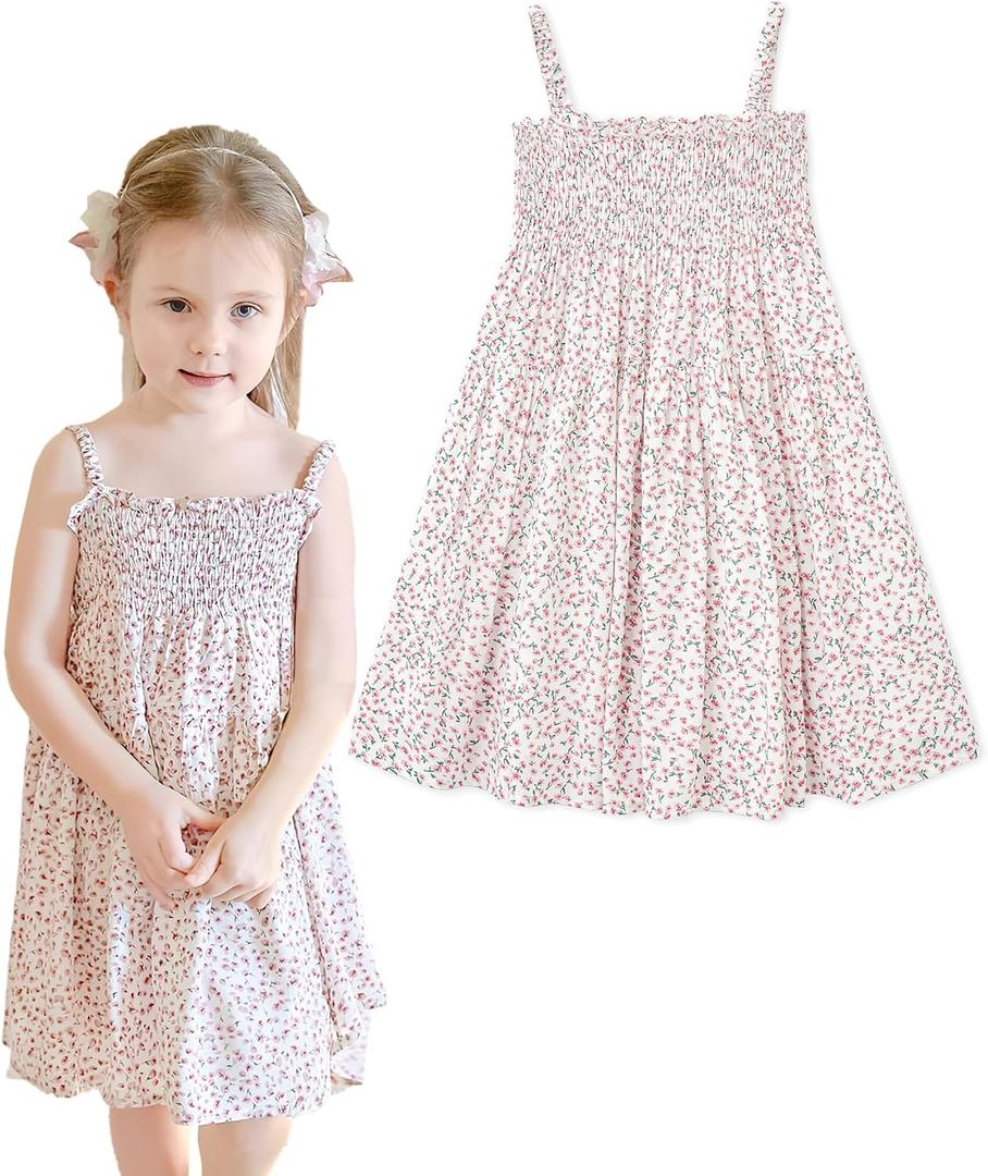 Simplee kids Baby Girls Casual Dress Toddler Smocking Dress Floral Print Sundress for Spring Summer 1-6 Years