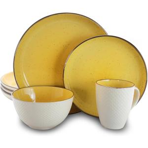 Elama's Luxuriously Mellow Yellow 16 Piece Dinnerware Set with Complete Setting for 4 (Bright Yellow and White)